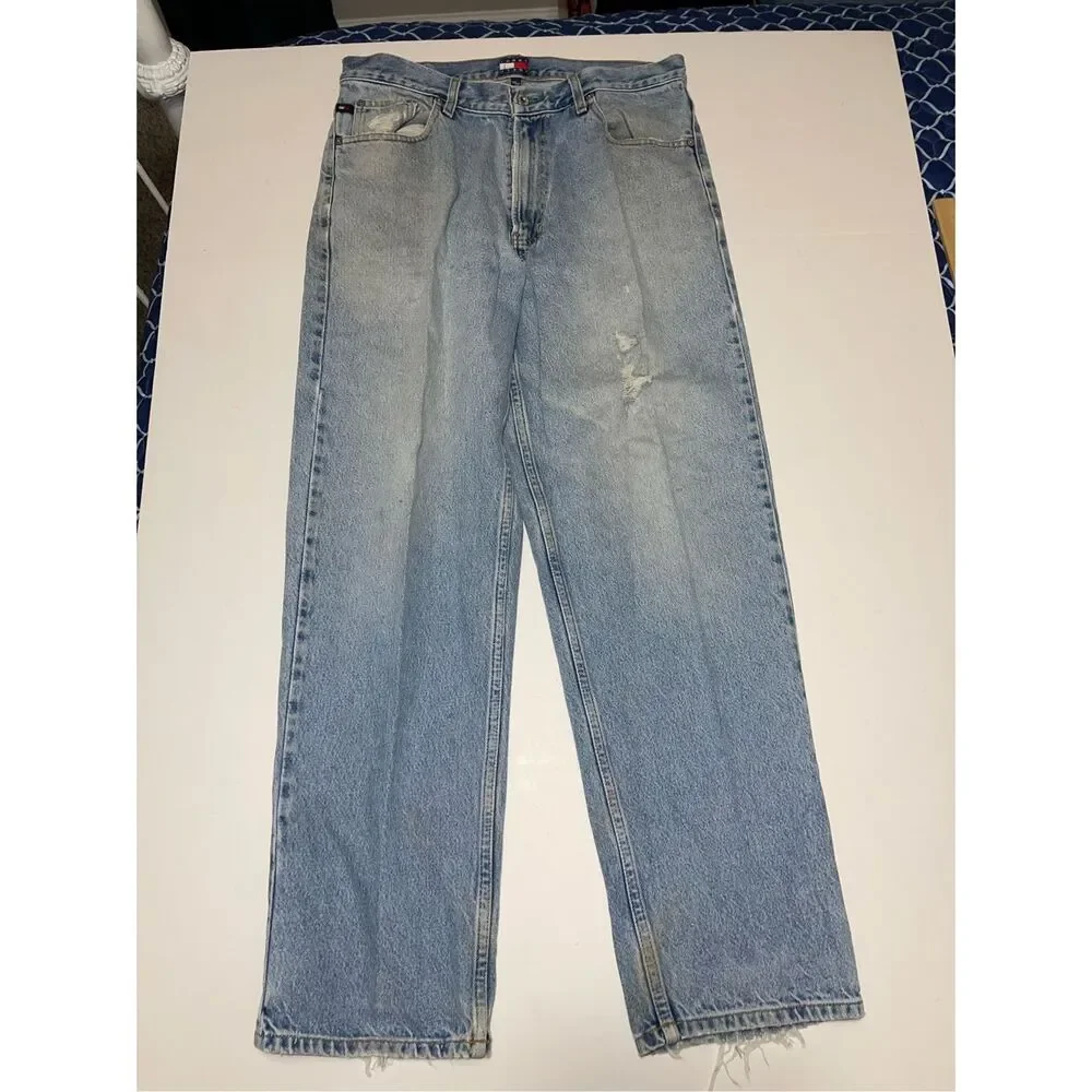 Tommy Hilfiger Jeans Mens 34x32 Blue Distress Whisker Grunge‎ Denim 1985 VTG
